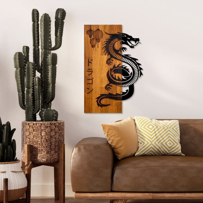 Wallity Dragon Escultura de Pared de Madera y Metal Nogal y Negro